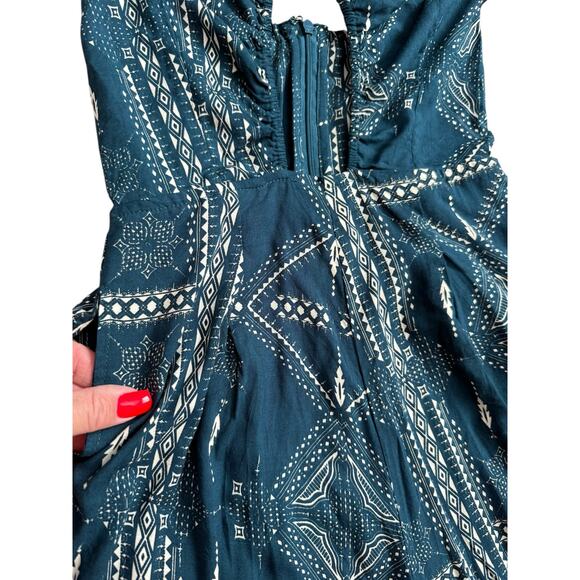 Cleobella Low Neck Halter Wide Leg Teal & Cream Jumpsuit Pockets Size XS - Picture 9 of 10